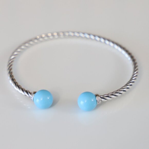 David Yurman Sterling Silver 3.5mm Solari Bracelet Turquoise with Diamonds - Picture 3 of 7